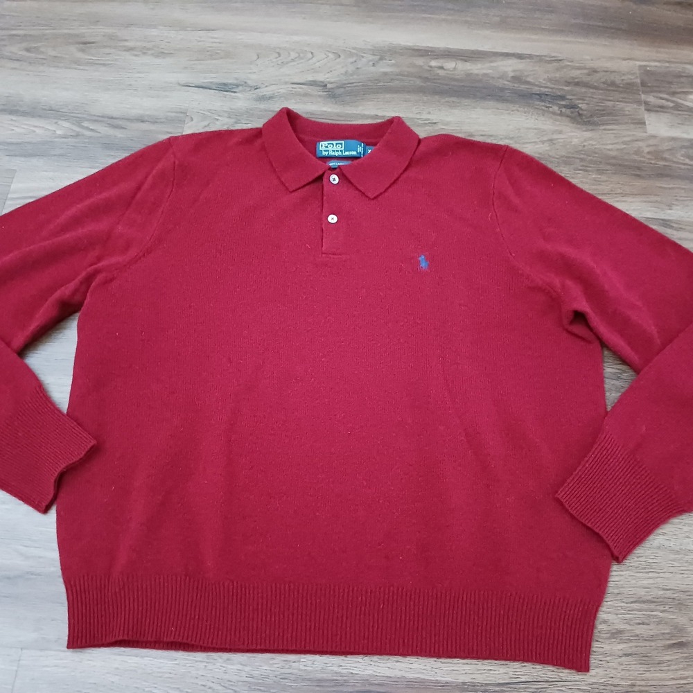 Polo Ralph Lauren Mens XXL Red 100% Lambswool Long Sleeve Polo Sweater Pony Logo